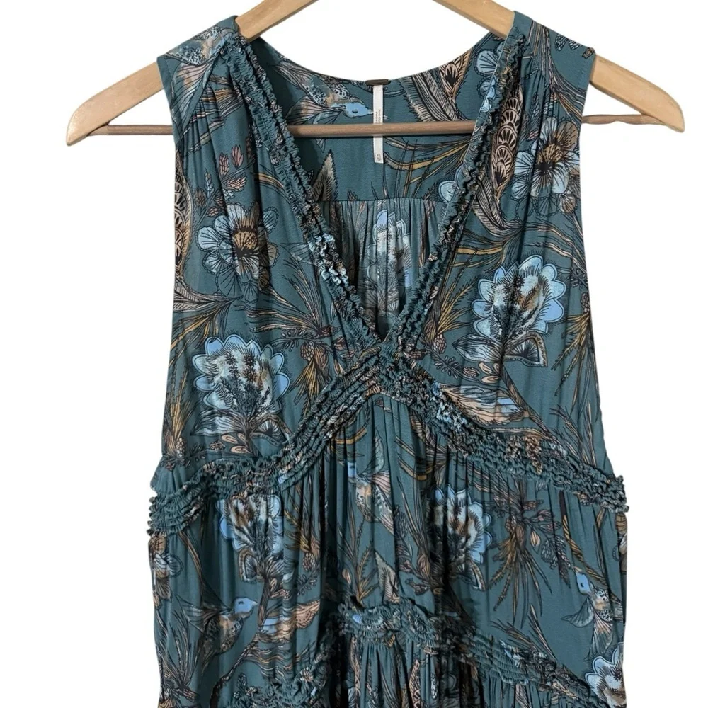 FREE PEOPLE Haze Hummingbird Sleeveless Tiered Hi Low Blue Tunic Top